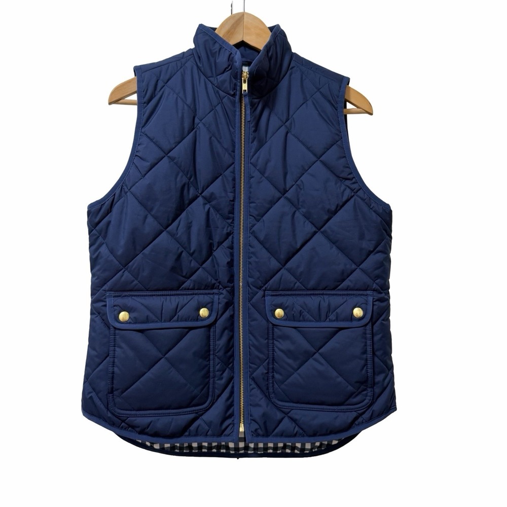 J Crew Womens‎ Quilted Puffer Full Zip Vest Size S Navy Snap Pockets Preppy